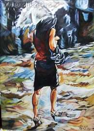 "Devojka sa kišobranom" slika, ulje na platnu