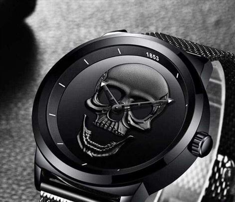 Crni vodootporni sat sa crnom 3D lobanjom 