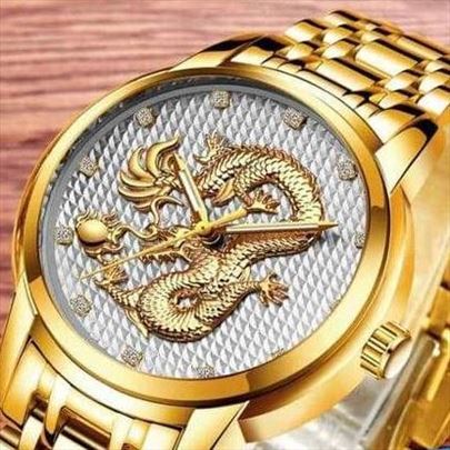 Zlatno srebrni ručni sat sa 3D detaljem zmaja