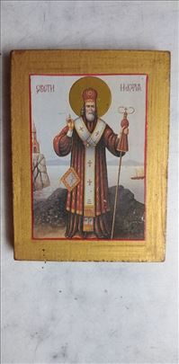 Ikona Sveti Nikola stampana,na dasci 9,5x7 cm.ocuv