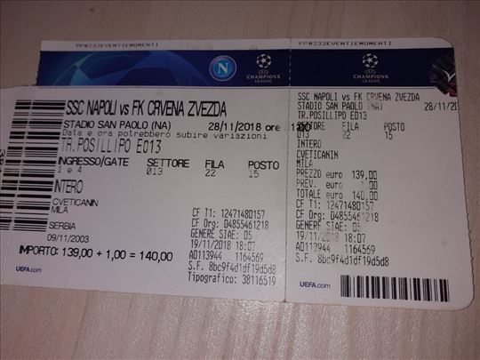 Prodajem kartu sa utakmice Czv-Napoli Liga Šampion