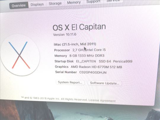 I Mac 21.5 inch,mid 2011, pr-2.7GH Intel, Core i5