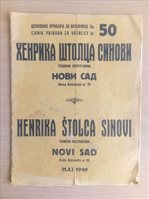 cenovnik HENRIKA ŠTOLCA SINOVI Novi Sad 1940. god.