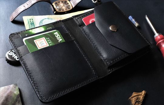Crni teget kožni novčanik sa džepom (ručni rad)