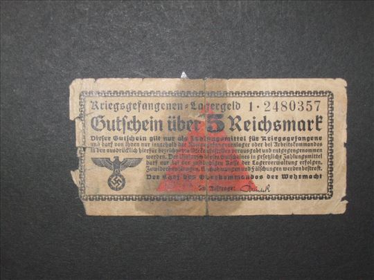 5 Reichsmark , lagergeld , novcanica iz konc. logo