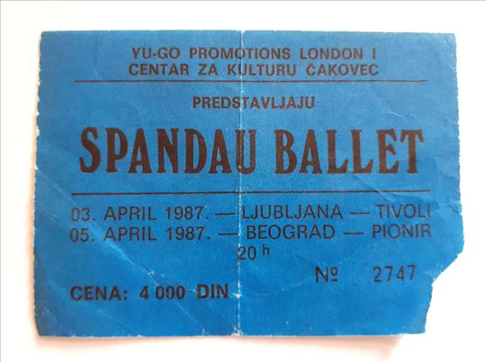 Ulaznica koncert Spandau Ballet, Bgd, 05. 4. 1987.