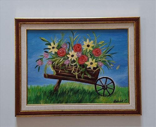 Ulje na platnu - Drvena kolica sa cvećem