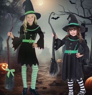 Veštica haljina kostim za decu i šešir zelen