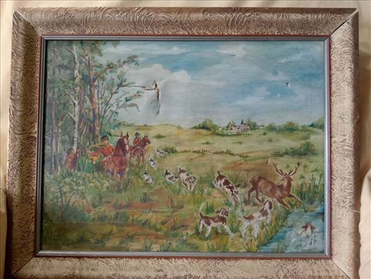 Stara slika "Lov na jelena", ulje na platnu