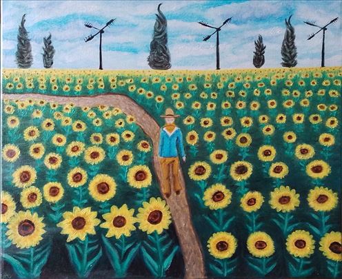 Van Gogh in the Sunflowers Field, oil, 50x60