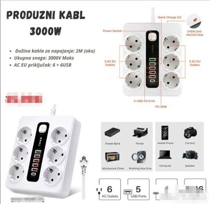 Produžni kabal 3000w 6EU utičnica + 6 USB on/off d