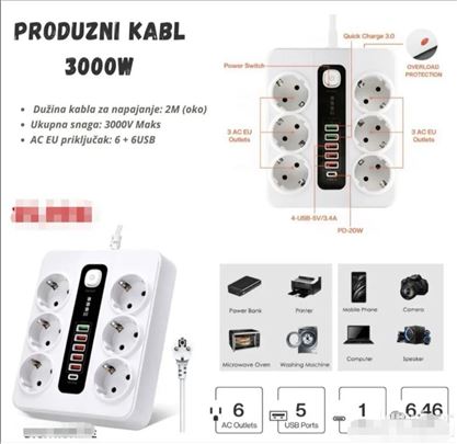 Produžni kabal 3000w 6EU utičnica + 6 USB on/off d