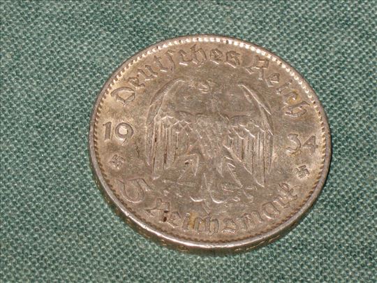 5 Reichsmark  1934 F , sa natpisom na reversu