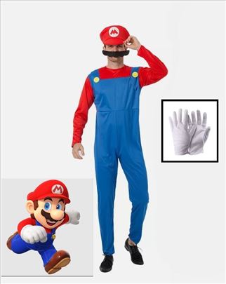 Super Mario kostim za odrasle + brkovi + rukavice 