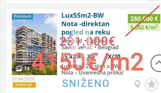 Beograd n vodi 55m2-Sniženo-Hitno ID#1224