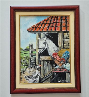 Ulje na lesonitu - Selo i životinje, prelepo!