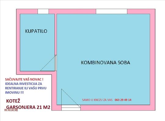 KOTEŽ, 21M2, garsonjera, TA, nameštena useljiva!