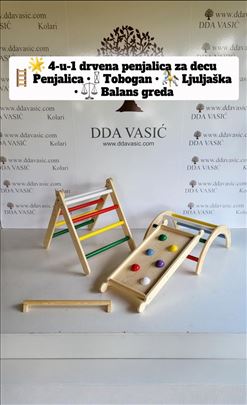 4-u-1 Drvena penjalica za decu – Tobogan, ljuljašk