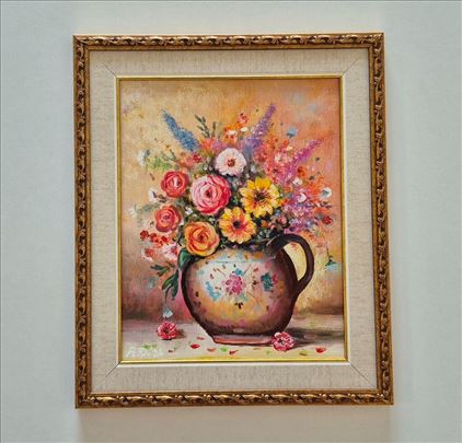Ulje na lesonitu - Ćup sa cvećem, prelepa slika!