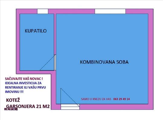 KOTEŽ, 21M2, garsonjera, TA, nameštena useljiva!