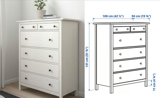 HEMNES Komoda sa 6 fioka, belo bajcovano, 108x131 
