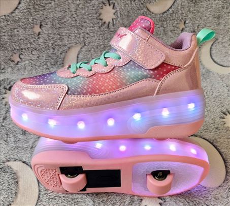 Patike roleri 2u1, pink dot, ima brojeva, punjive