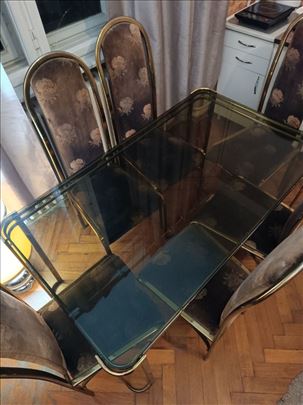 Trpezarijski mesingani stakleni sto i 6 stolica