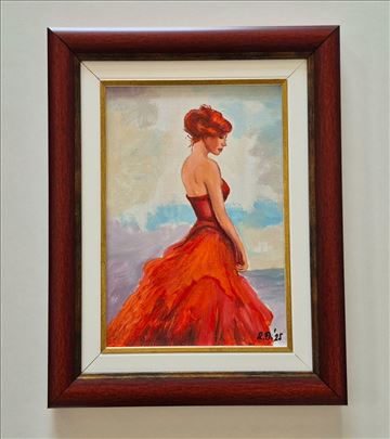 Ulje na lesonitu - Devojka u crvenoj haljini