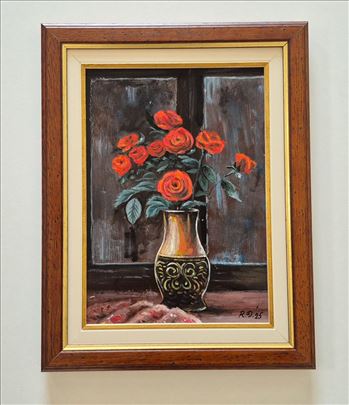 Ulje na lesonitu - Stara vaza sa crvenim cvecem