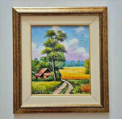 Ulje na lesonitu - Letnji dan u selu, prelepo!