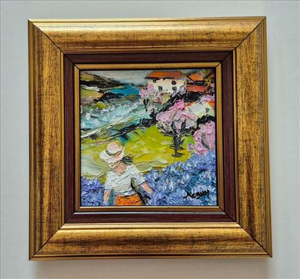 Ulje na lesonitu - U lavandi. Minijatura