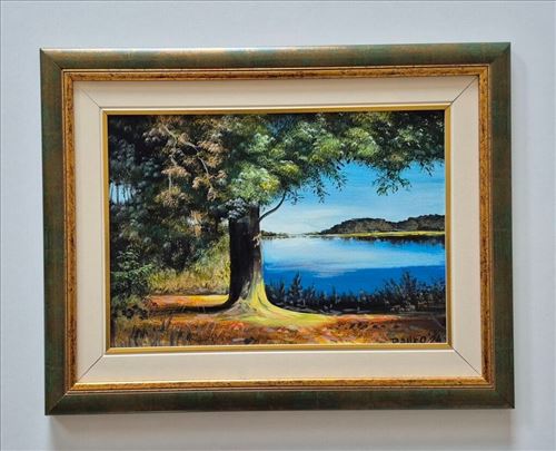 Ulje na lesonitu - Drvo kod plavog jezera, prelepo