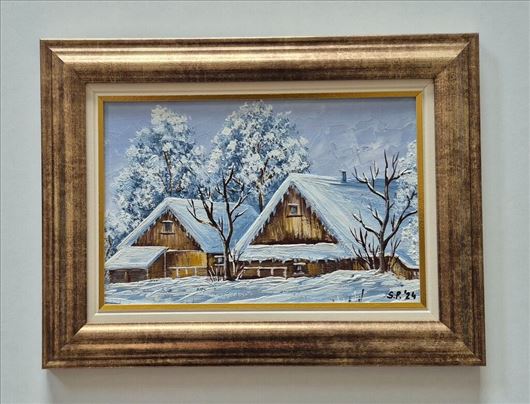 Ulje na lesonitu - Kuce u snegu, prelepo!