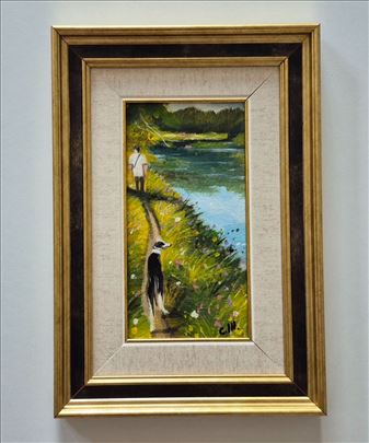 Ulje na platnu - Covek i pas. Minijatura