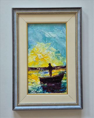 Ulje na platnu - Decak i zalazak sunca