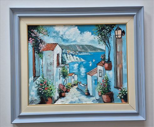 Ulje na lesonitu - Plavi mediteran, prelepa slika!