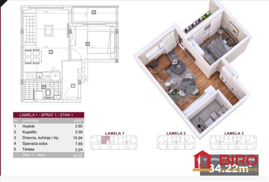 Novi Sad, Veternik, Stan, 1.5, 34,00m2