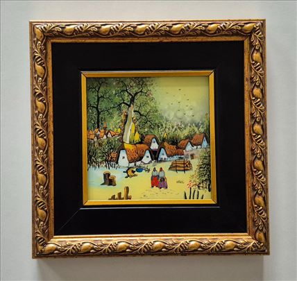 Naiva, ulje na staklu - Dve bake u selu