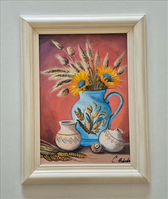 Ulje na platnu - Plavi bokal sa cvecem, prelepo!