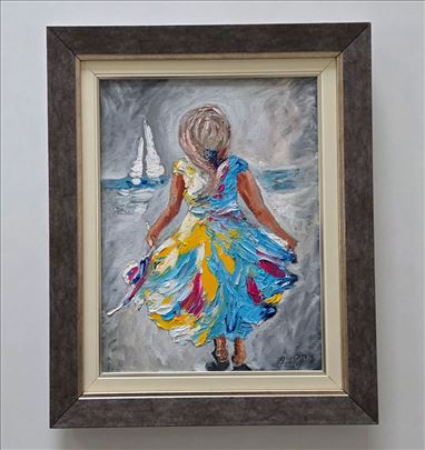 Ulje na platnu - Devojcica i more, prelepa slika!