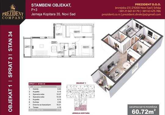 Stan 61m2 na trecem spratu trostrano orijentisan