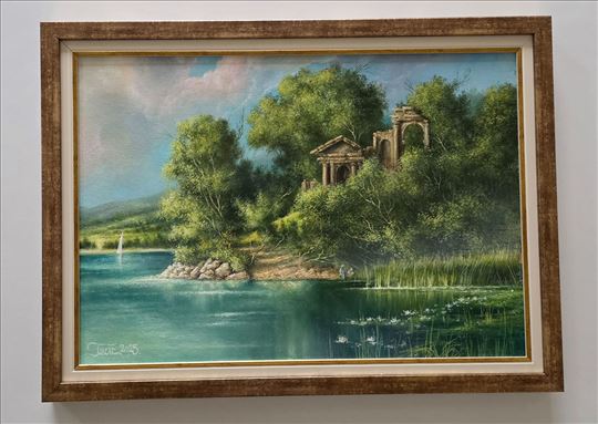 Ulje na platnu - Stari grad uz reku, prelepo!