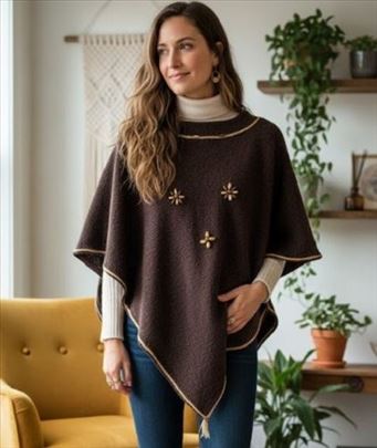Unikatni Vintage Pončo sa Drvenim Perlama  