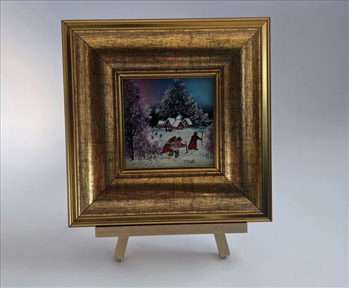 Naiva, ulje na staklu - Zima u selu. Na stalku 