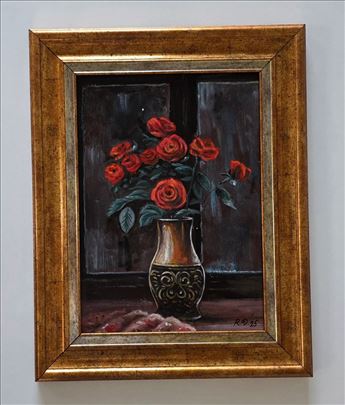 Ulje na lesonitu - Vaza sa crvenim cvecem 