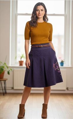 Vintage teksturna suknja sa vezom i faltama 