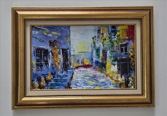 Ulje na platnu - Stara ulica u cvecu, prelepo!