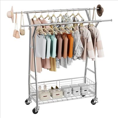 Stalak za odecu garderobu sa 2 sipke i korpom