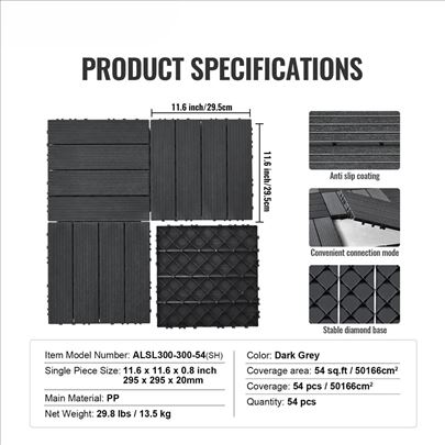 Prostirke za spolj.upotrebu,30x30cm,54kom, t. sive