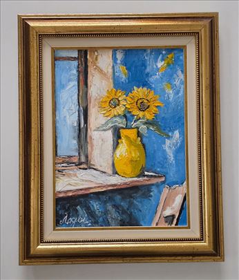 Ulje na platnu - Suncokreti na prozoru